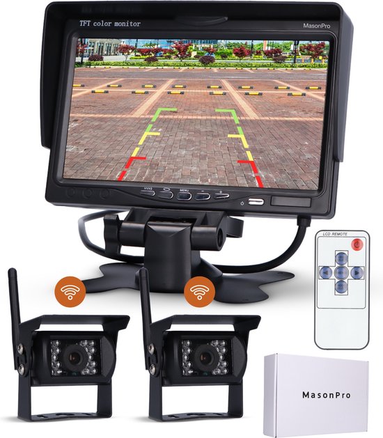 MasonPro Achteruitrijcamera - Draadloze Achteruitrijcamera - Achteruitrijcamera's - Achteruitrij Camera voor Auto, Bus, Camper, Caravan Vrachtwagen en Landbouw - IP67 Waterdicht - IR Nachtzicht 13m - Complete Set - 7 Inch van MasonPro
