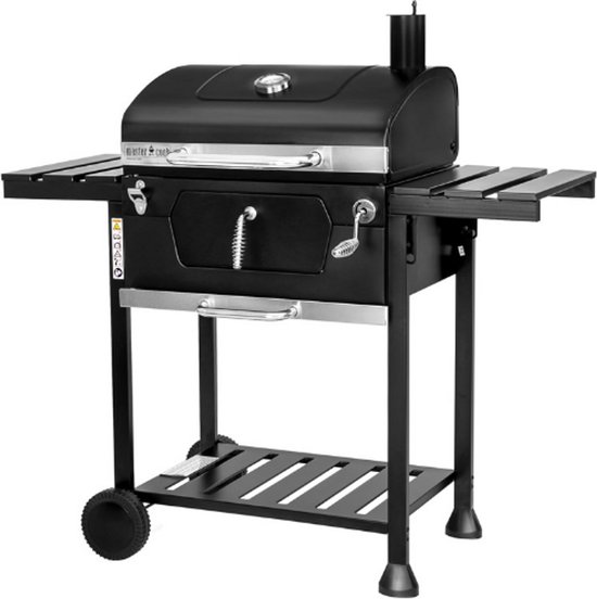 MasterCook Friend Houtskoolgrill met dubbele grill en mandinstelling, BBQ houtskool met deksel, thermometer, inklapbare planken, professionele houtskoolgrill van staal
