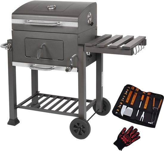 MaxxGarden Houtskoolbarbecue - Grilloppervlak (LxB) 42 x 42 cm - Staal - Met handgeep - Zwart - Incl. BBQ set van MAXXgarden