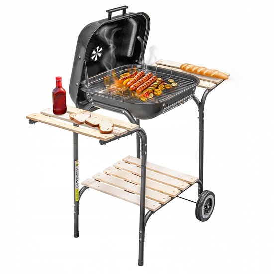 Mega-M Houtskoolbarbecue Wagen - Met Deksel en Verchroomd Rooster - Verrijdbaar - 2 Zijtafels - Geëmailleerde Vuurpan - Voor Tuin en Terras van Merkloos