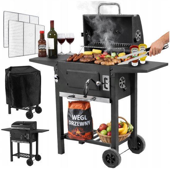 Merkloos XXL Koolgrill met Deksel, Thermometer en Wielen