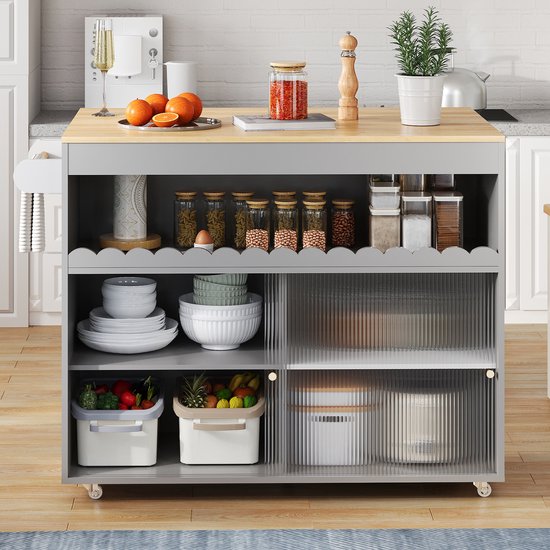 MEUNIQ keukeninselwagen 122 x 46(69) x 91 cm met klapbaar werkblad, schuifdeuren van gehard glas, verstelbare plank, handdoekhouder en 5 wielen, grijs