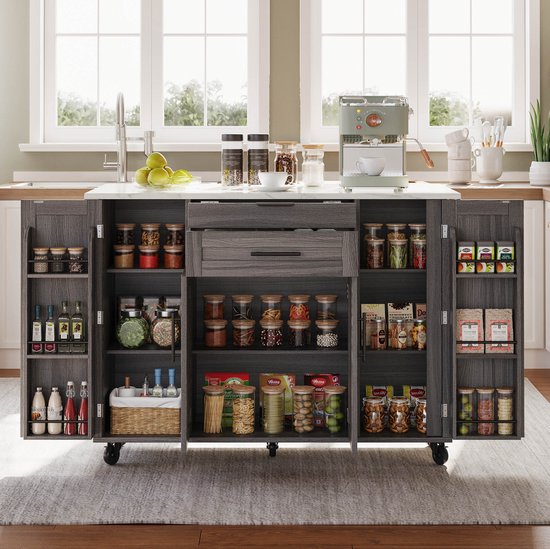 MEUNIQ mobiele keukeneiland op wielen 136 x 70 x 92 cm met uitschuifbaar werkblad, 2 lades, verstelbare planken, kruidenrek en handdoekhouder, grijs