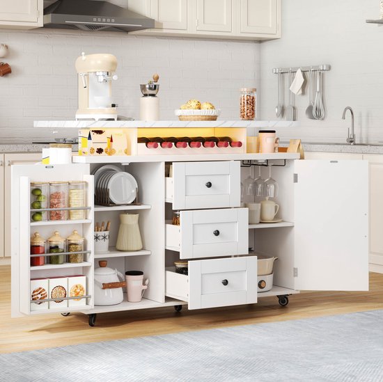 MEUNIQ Mobiele keukeninsel met uitklapbaar werkblad, 5 wielen, 3 lades, 2 deuren, wijnrek en glashouder, 120 x 42/60 x 93 cm, wit