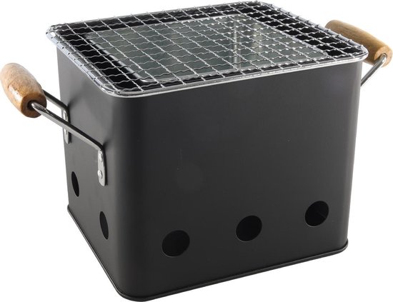 Mini Barbecue - Balkon - Terras - Tuin BBQ - Tafel Barbecue - 18x15.5x15.5cm - Staal - Zwart - Houten Handvatten van Easyline