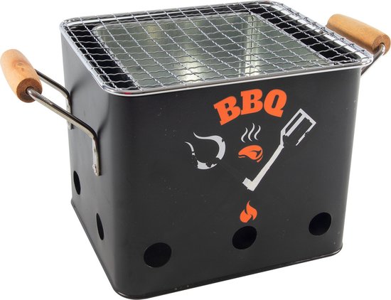 Mini Barbecue - Balkon - Terras - Tuin BBQ - Tafel Barbecue - 18x15.5x15.5cm - Staal - Zwart - Houten Handvatten van MINI