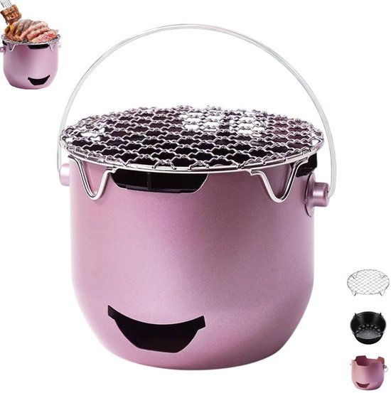 Mini houtskoolgrill van roestvrij staal - Paars - Kleine buitengrill - 2-in-1 buitengrill, geschikt voor kamperen, barbecueën in de achtertuin, campers en picknicks