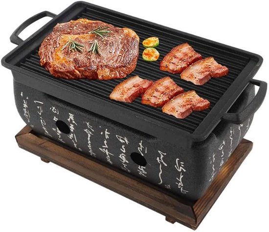 Mini Japanse Stijl Barbecue Grill - Huishoudelijke BBQ Hibachi met Houten Basis voor Yakiniku, Takoyaki en Camping