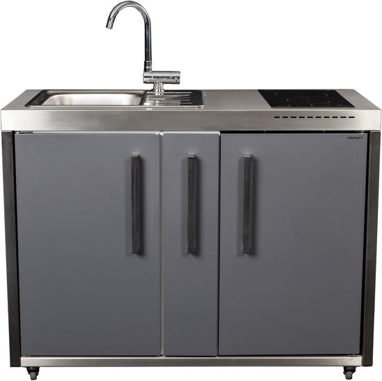 Minikeuken BeNeLux Stengel MO120 A voor gemonteerde metalen outdoor keuken met koelkast - inductie kookplaat - water en electriciteits aansluiting inclusief alle toebehoren Lei Grijs van Stengel