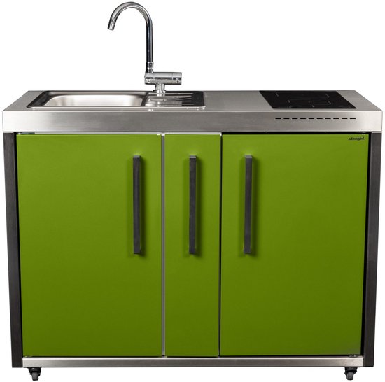 Minikeuken BeNeLux Stengel MO120 A voor gemonteerde metalen outdoorkeuken met koelkast - inductie kookplaat - water en electriciteits aansluiting inclusief alle toebehoren Appel Groen van Stengel