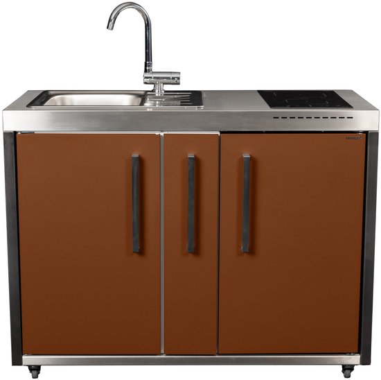 Minikeuken BeNeLux Stengel MO120 A voorgemonteerde metalen outdoor keuken met koelkast - inductie kookplaat - water en electriciteits aansluiting inclusief alle toebehoren Lava Bruin van Merkloos