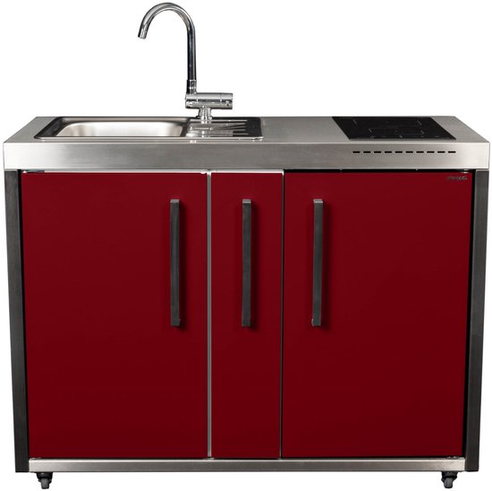 Minikeuken BeNeLux Stengel MO120 A voorgemonteerde metalen outdoor keuken met koelkast - inductie kookplaat - water en electriciteits aansluiting inclusief alle toebehoren Rood Bordeaux van Stengel