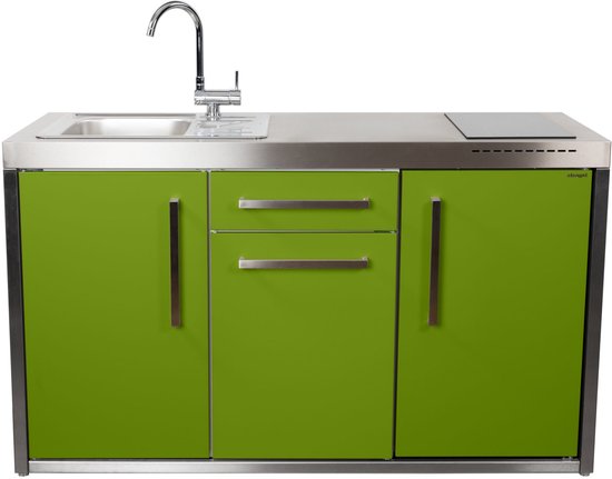 Minikeuken BeNeLux Stengel MO150 S voorgemonteerde metalen outdoor keuken met koelkast - inductie kookplaat - water en electriciteits aansluiting inclusief alle toebehoren Appel Groen van Merkloos