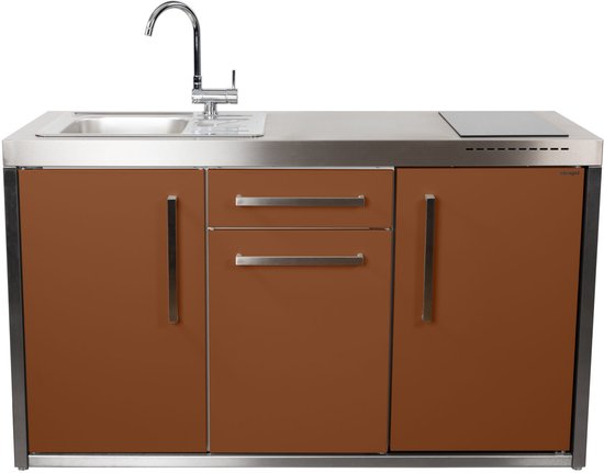 Minikeuken BeNeLux Stengel MO150 S voorgemonteerde metalen outdoor keuken met koelkast - inductie kookplaat - water en electriciteits aansluiting inclusief alle toebehoren - Lava Bruin van Stengel