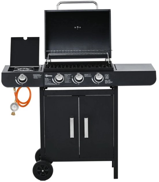 Miryx Gasbarbecue - Grillwagen - Gasgrill - met 4 Branders en 1 Zijbrander, Drukregelaar en Slangen - 110x50x100 cm - Zwart