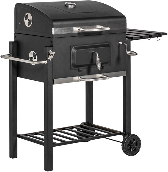 Miryx Grillwagen Houtskoolgrill BBQ - Smokerbarbecue - Staande Grill - RVS - 113x65x108cm - Smoker op Wielen met Deksel - Zwart