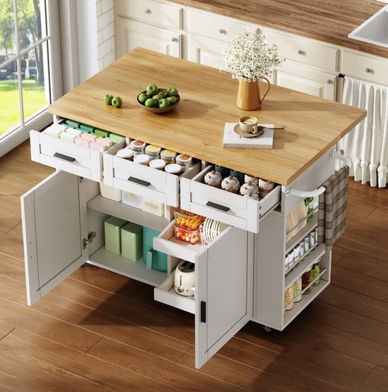 MIVRAY Keuken Eilandwagen Met Klapbaar Werkblad En Veel Opbergruimte Voor Keuken En Eetruimte MDF Natural White 120x70x84 Cm van Borvat