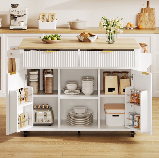 MIVRAY Keukeneiland Op Wielen Met Opklapbaar Werkblad 2 Lades 2 Deuren Kruidenrek En Handdoekhouder Voor Keuken Wit En Naturel MDF 143x45x89 5 Cm