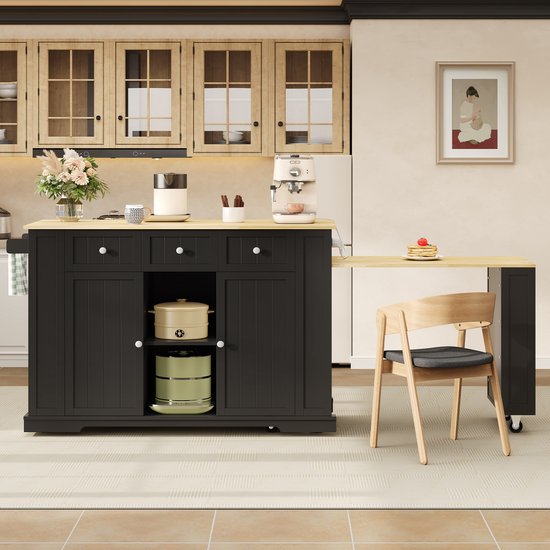 MIVRAY Keukeneiland - Verrijdbare Keukenwagen Met Uittrekbare Eettafel En Verstelbare Planken - Voor Keuken En Eten - MDF - Zwart Natuurlijk - 138 X 55 X 93 Cm