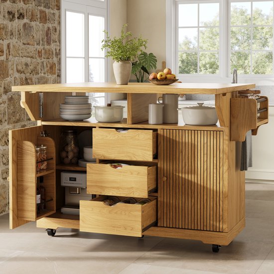 MIVRAY Keukeneiland - Verrijdbare Serveerwagen Met Uitklapbare Zijbladen En 3 Lades - Voor Keuken En Eetkamer - MDF En Metaal - Naturbruin