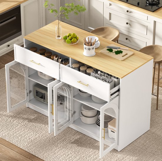 MIVRAY Keukeneiland - Vrijstaand Design Met Ledverlichting En Verstelbare Planken - Voor Keuken En Eetkamer - MDF - Wit - 135x55x91 Cm