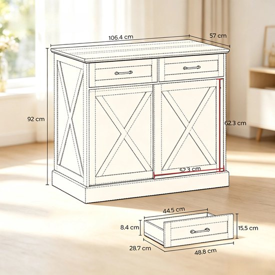 MIVRAY Keukenilandkast - Met 2 Lades En Schuifdeur Voor Extra Opbergruimte - Werkblad Voor Keuken En Eetruimte - Wit En Antiekbruin - 106,4 X 57 X 92 Cm