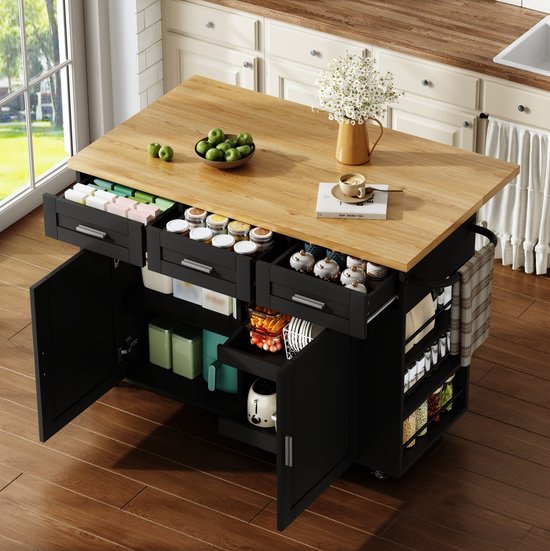 MIVRAY Keukenwagen - Mobiel Keukeneiland Met Opklapbaar Werkblad En Lades - Voor Keuken En Eetruimte - MDF - Zwart