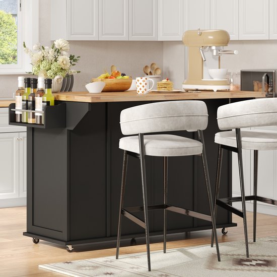 Mobiele Keuken Eiland Met Klapbaar Werkblad En 3 Lades En Deurvakken Voor Keuken En Eetruimte MDF Zwart Naturel 120 X 70 X 87 Cm