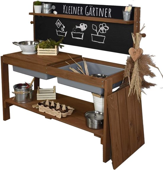 Modderkeuken voor kleine tuinders - Houten buitenkeuken met krijtbord en uitneembare speelbakken van Axi