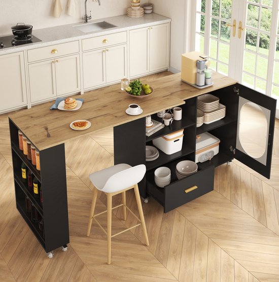MODFU - Keukeneiland Met Wielen - Draaibaar Werkblad - MDF - Naturel/Zwart - 120-180x60x90 Cm van modfu