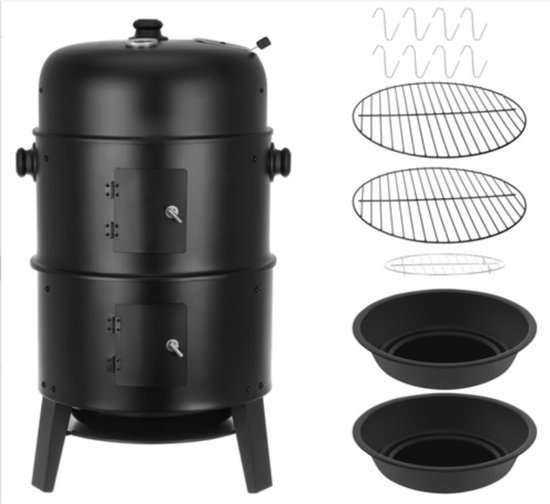 MOZY® - 3 in 1 Rook- en Grilloven met Hoes - met Thermometer - Inclusief Accessoires - Barbecue - Grillen - Verticale Rookoven - Houtskoolbarbecue - BBQ Vat - Barbecuen van Merkloos