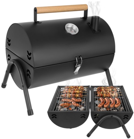 MOZY® - Tafel Barbecue - Zwart - Inclusief Thermometer - met Aslades - Handvat - Compact - Camping Barbecue - Tafelbarbecue - Houtskoolbarbecue