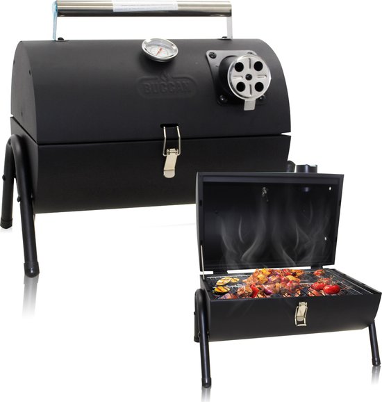 Muntel® Houtskoolbarbecue - Smoker - BBQ - Grill - Draagbaar - Uitklapbaar - Cilinder - Camping - Zwart van Muntel®