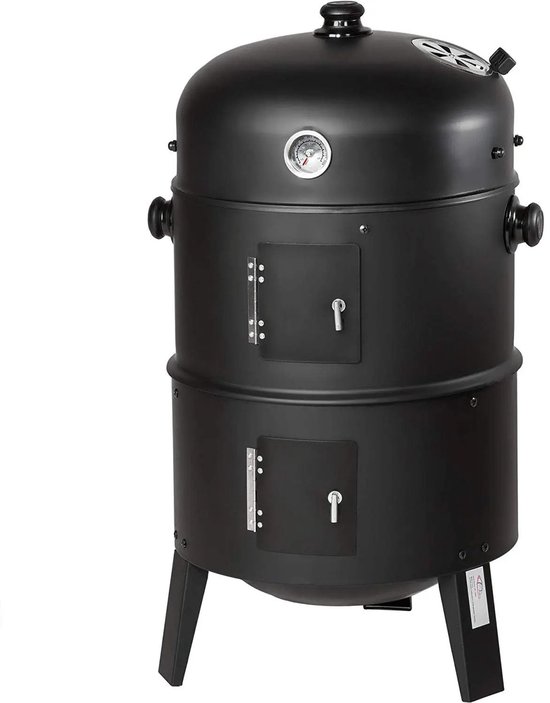 NaevaMi Houtskool grill - 3-in-1 bbq - Ø41 cm - bbq Houtskool - Briketten - Houtskoolbarbecues - Met deksel en Thermometer - Incl Geïntegreerde waterbak - Multifunctionele Houtskoolgrill - Smoker - Zwart van Merkloos