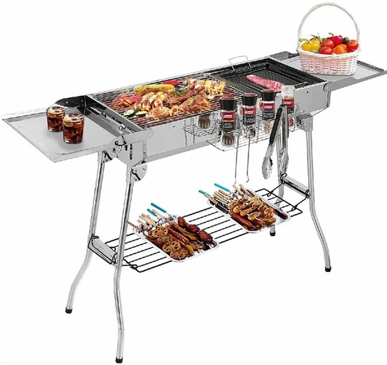 NAVOBIZ Barbecue - BBQ - Houtskool grill - Buitenkeuken - Inklapbaar - Roestvrij staal - Bakplaat - Opbergrek - Draagbaar - Zilver