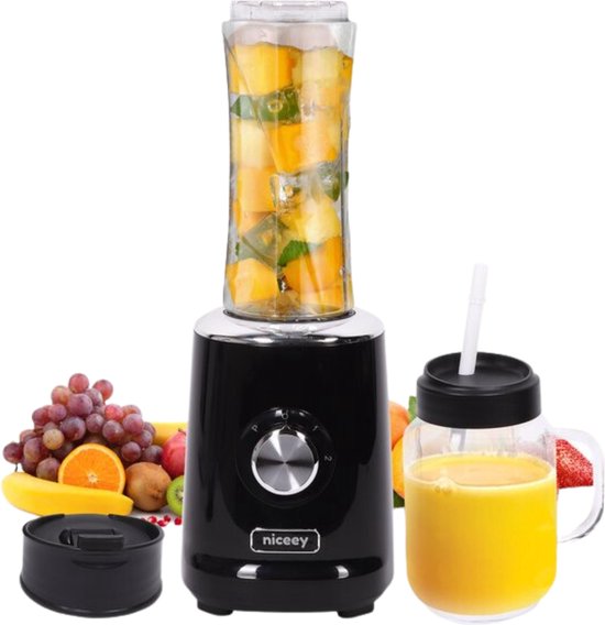 Niceey Mini Blender - Smoothie Maker - Blender Smoothie - Juicer - 500W - met 2 To-Go Bekers - Zwart van Niceey
