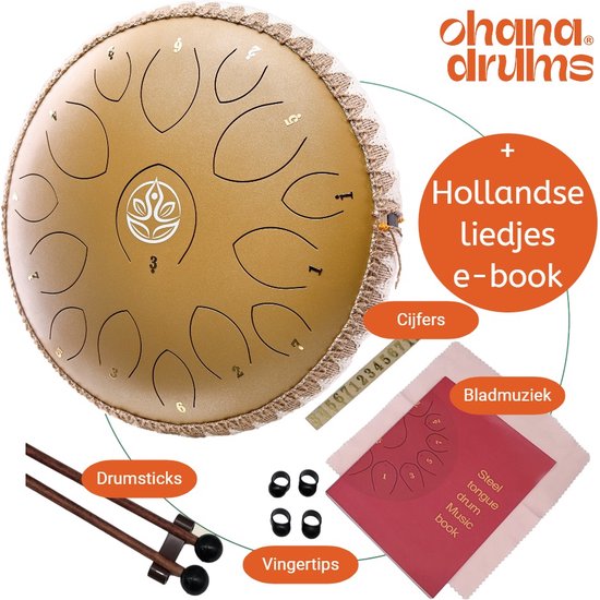 Ohana Drums® Handpan 36 cm Zonnegloed Goud – Tongue drum – Klankschaal – 15 noten Handpan - Tong Drum - Klankschalen – Yoga Drum – Lotus Tong - Steeldrum - Muziekinstrument voor kinderen - Mindfulness muziektherapie - Percussie-instrumenten van Ohana Drums