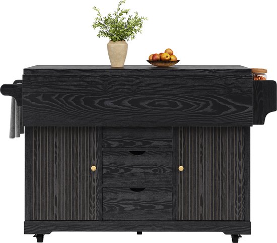 OKWISH Buitenkeuken Keukenwagen – Uitklapbare Zijtafels – 3 Lades En Opbergruimte – Verrijdbaar Met Rem – MDF En Metaal Zwart – 142,5×80×95 cm