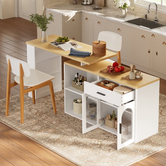 OKWISH Keuken Eiland - 360° Draaibare Tafelplaat - Opbergruimte Met Lade En Planken - Voor Keuken En Kleine Ruimtes - MDF Wit