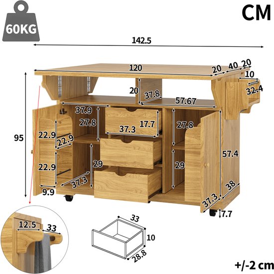 OKWISH Keukeneiland - Met Uitklapbare Zijtafels En 3 Lades - Verrijdbaar Voor Keuken En Terras - MDF Bruin - 142,5 x 80 x 95 cm