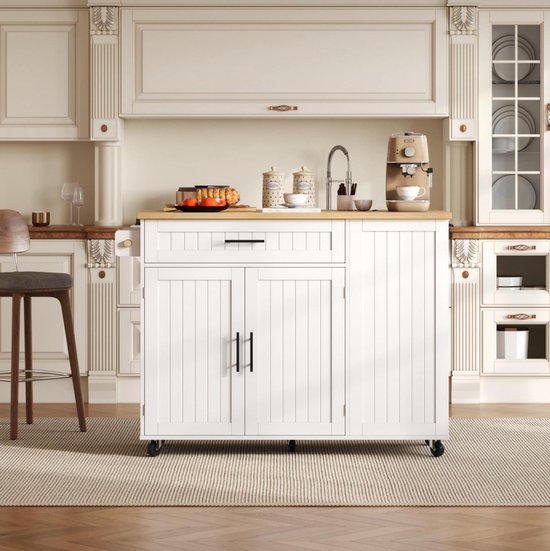 OKWISH Keukeneiland Op Wielen - Met Klapbaar Werkblad En Afvalkast - Voor Keuken En Eethoek - MDF Wit - 130 x 70 x 93 cm van okwish