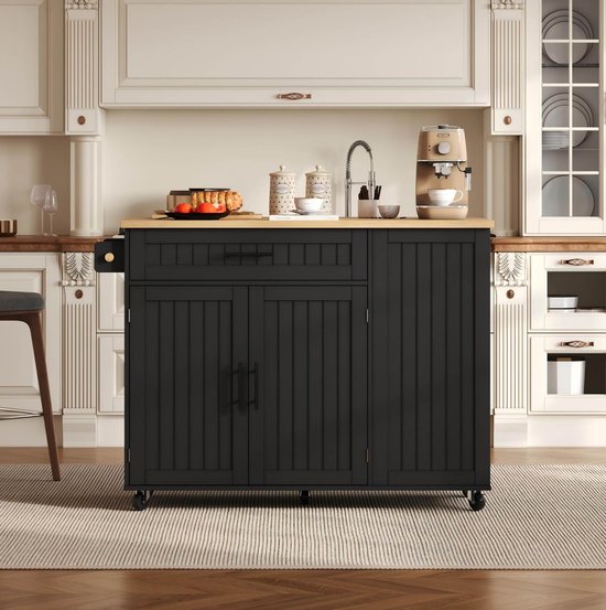 OKWISH Keukeneiland Op Wielen – Met Opklapbaar Werkblad – 130 x 45 70 x 93 cm – 1 Lade 2 Deuren – Verborgen Afvalvak – MDF Zwart