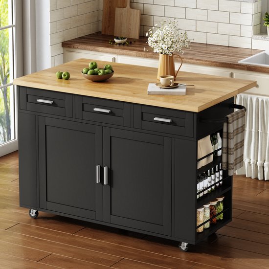 OKWISH Keukeneiland - Opklapbaar Werkblad en Stopcontacten - Verrijdbaar met 3 Laden en 2 Organizers - MDF Zwart Natuur - 120 x 45 tot 70 x 84 cm