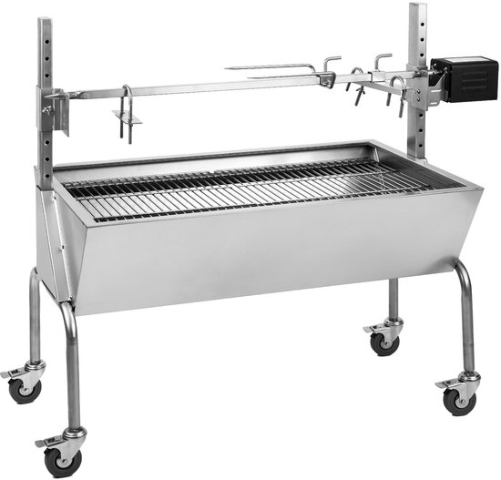 OneConcept 2-in-1 draaispitgrill met motor, Grill met draaiend spit, Grote spitgrill voor kip & speenvarken, Grill met motor, Spitgrill met roestvrijstalen rooster, Grote houtskoolgrill met vloerrollen