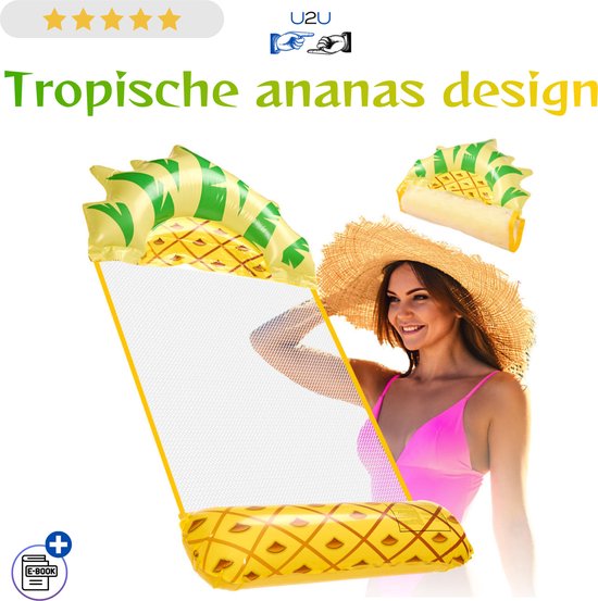 Opblaasbaar Ananas Zwemmatras 135x72 cm - Waterhangmat met PVC Mesh Net voor Zwembad Meer en Strand - Drijvende Lounger Stoel in Ananas Design - Compact Opvouwbaar Watermatras tot 70 kg - Comfortabel Relaxen op het Water - Met Ebook