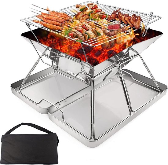 Opvouwbaar Roestvrij Stalen Vuurplaats Barbecuerek - Draagbare Houtskoolgrill voor Camping en Picknick met Draagtas