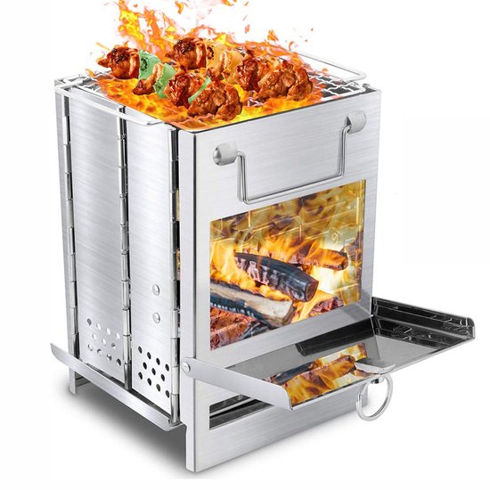 Opvouwbare BBQ-grill - Mini BBQ-grill - BBQ-rek - RVS - Houtskoolkampvuurkachel - Geschikt voor kamperen - Picknick - Zilver - 14*14*21 cm - Opgevouwen: 23*17,5*5,5 cm