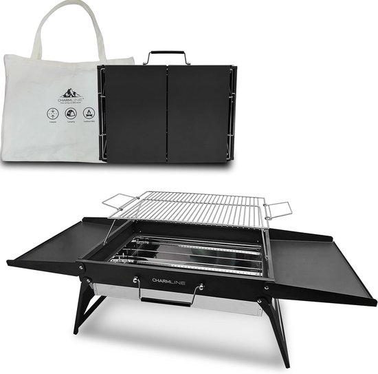 opvouwbare draagbare houtskoolgrill, compacte buitenbarbecue, ideaal voor kamperen, picknicks, tuinfeesten en strandfeesten, zwart, max. 51 x 35 cm van Merkloos