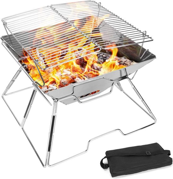 Opvouwbare Hout- en Houtskoolgrill voor Campingtuinterras 304 Roestvrijstalen Grill Draagbare Barbecue Duurzame Campinggrill met Draagtas Barbecue van Merkloos