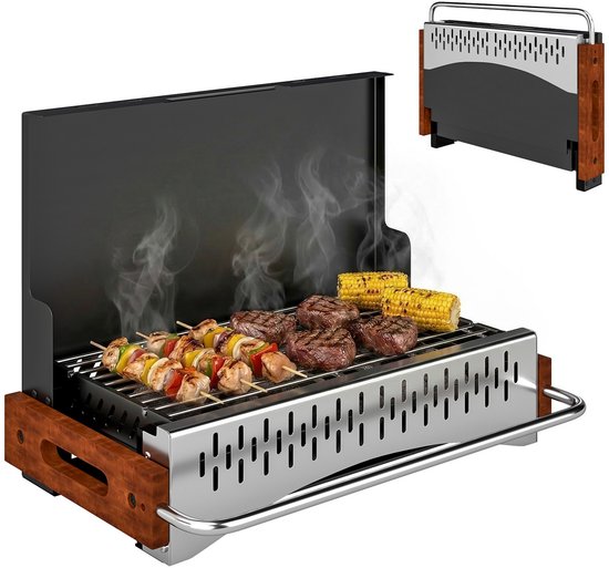 Opvouwbare Houtskool BBQ – Draagbare Kofferbarbecue – RVS Grillrooster – Compacte Camping BBQ – Picknick & Tuin – 50,5 x 34 x 33 cm